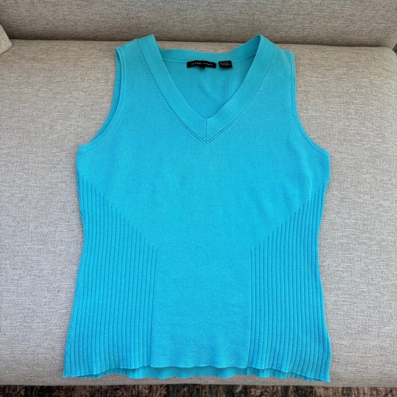 JEANNE PIERRE Sweaters - 90s Vintage Jeanne Pierre Knit Tank Sweater S Blue V Neck Ribbed Preppy Fairy